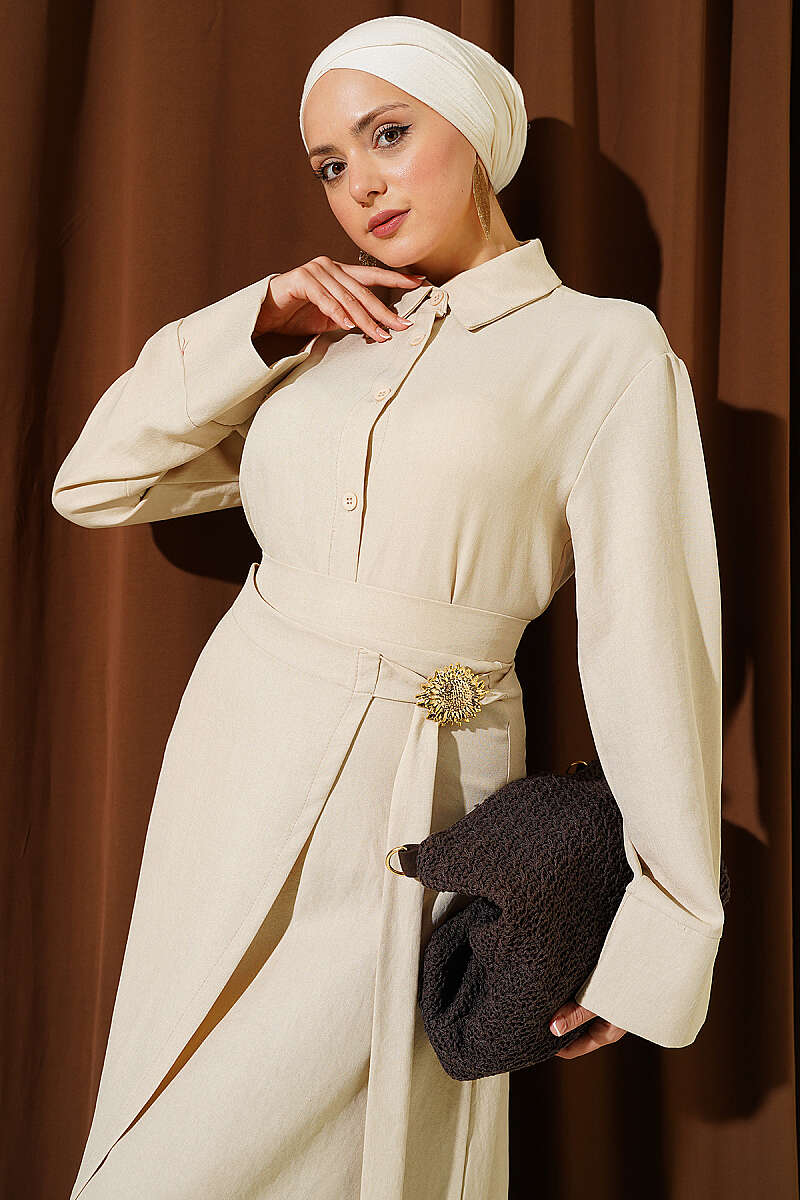 Skirt Set with Gold Flower Accessory - Beige