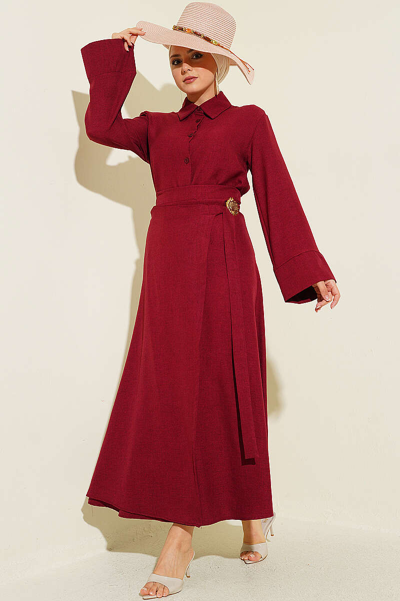 Skirt Set with Gold Flower Accessory - Burgundy