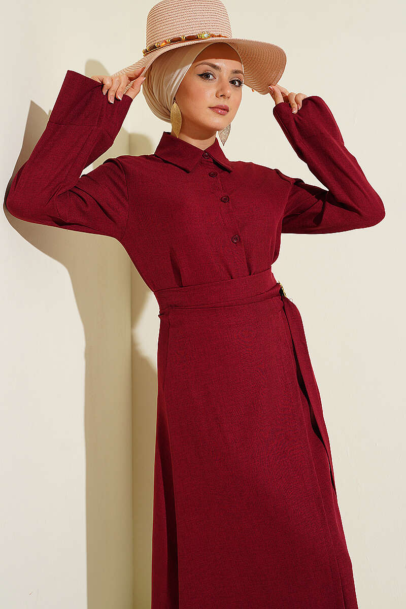 Skirt Set with Gold Flower Accessory - Burgundy