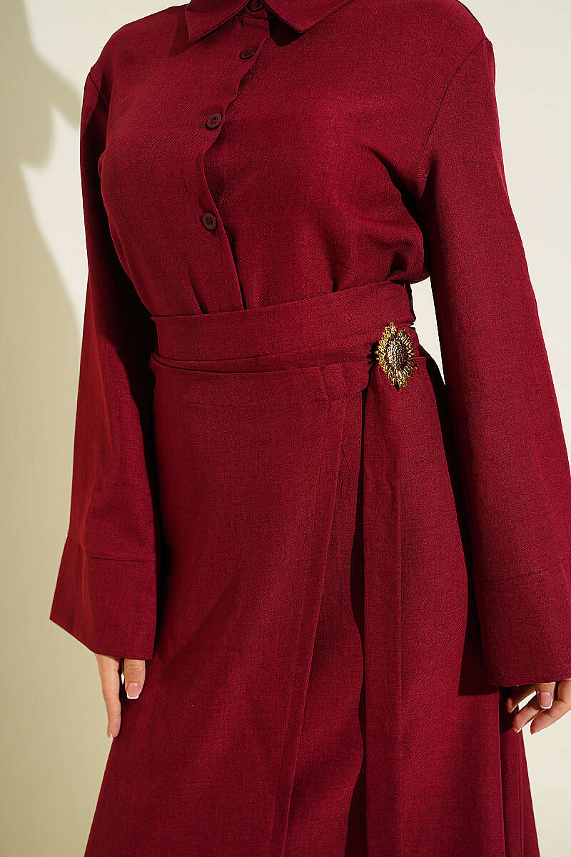Skirt Set with Gold Flower Accessory - Burgundy