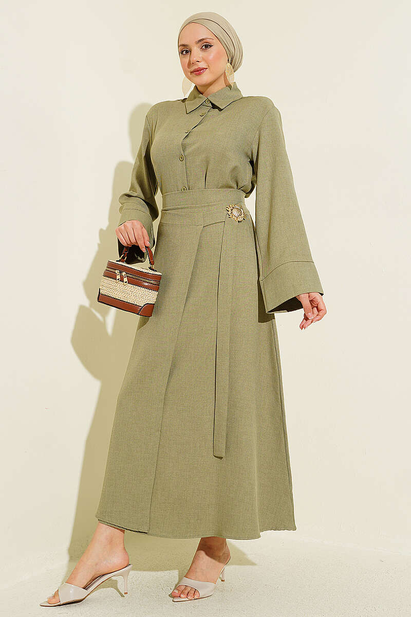 Skirt Set with Gold Flower Accessory - Almond Green