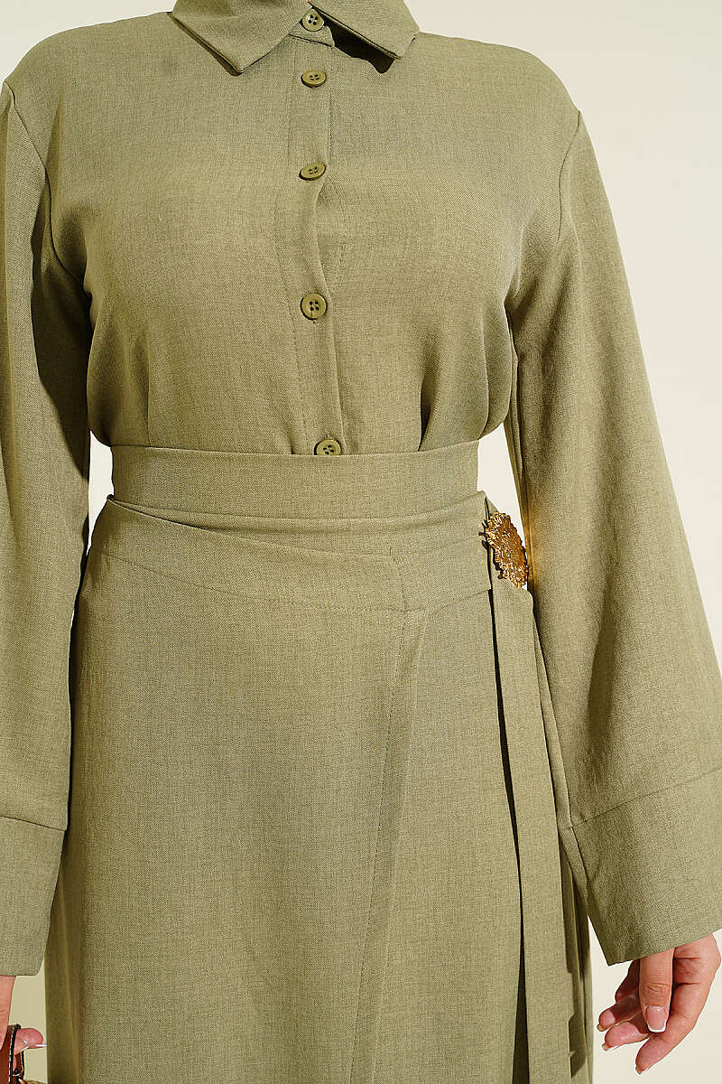 Skirt Set with Gold Flower Accessory - Almond Green