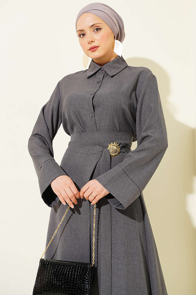 Skirt Set with Gold Flower Accessory - Smoke Grey
