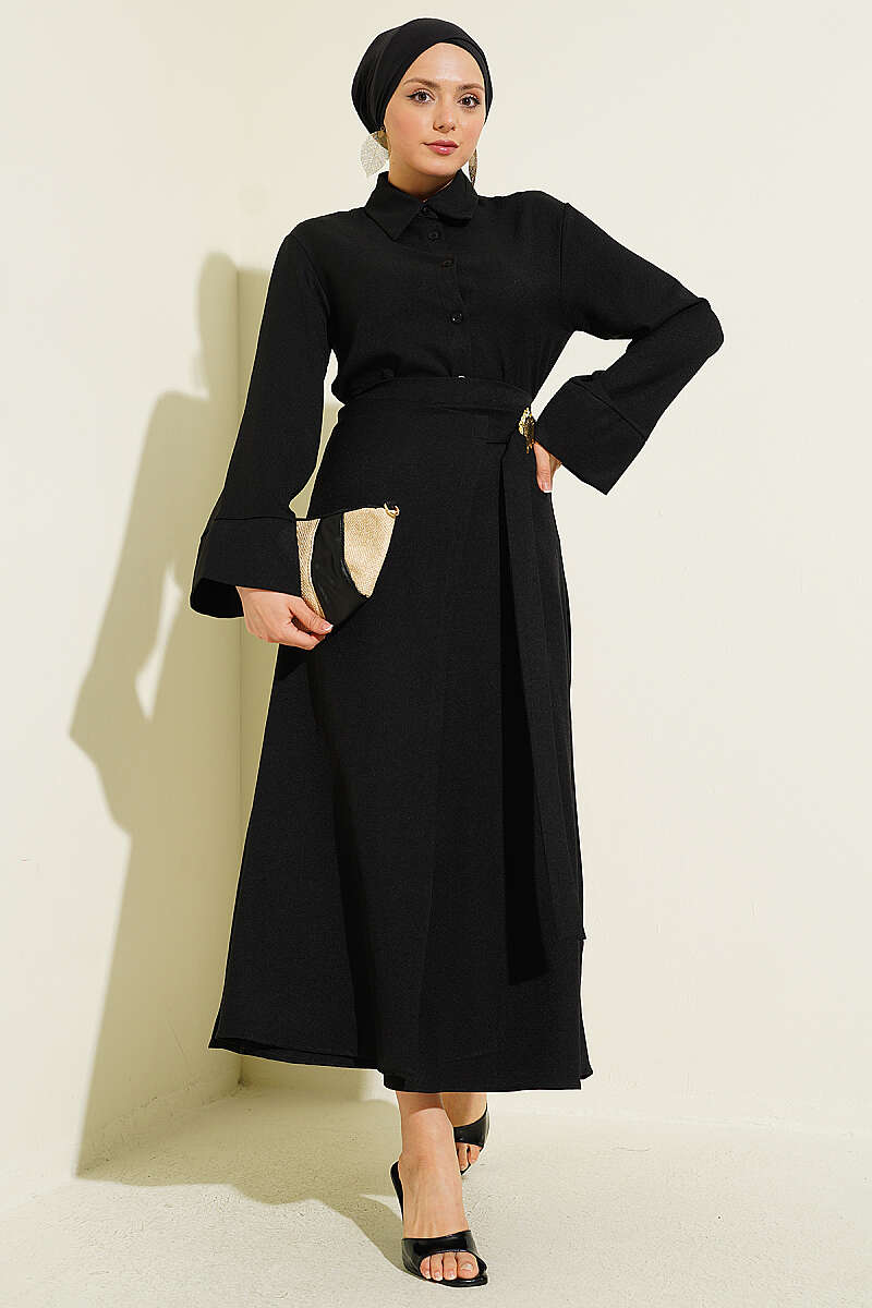 Skirt Set with Gold Flower Accessory - Black