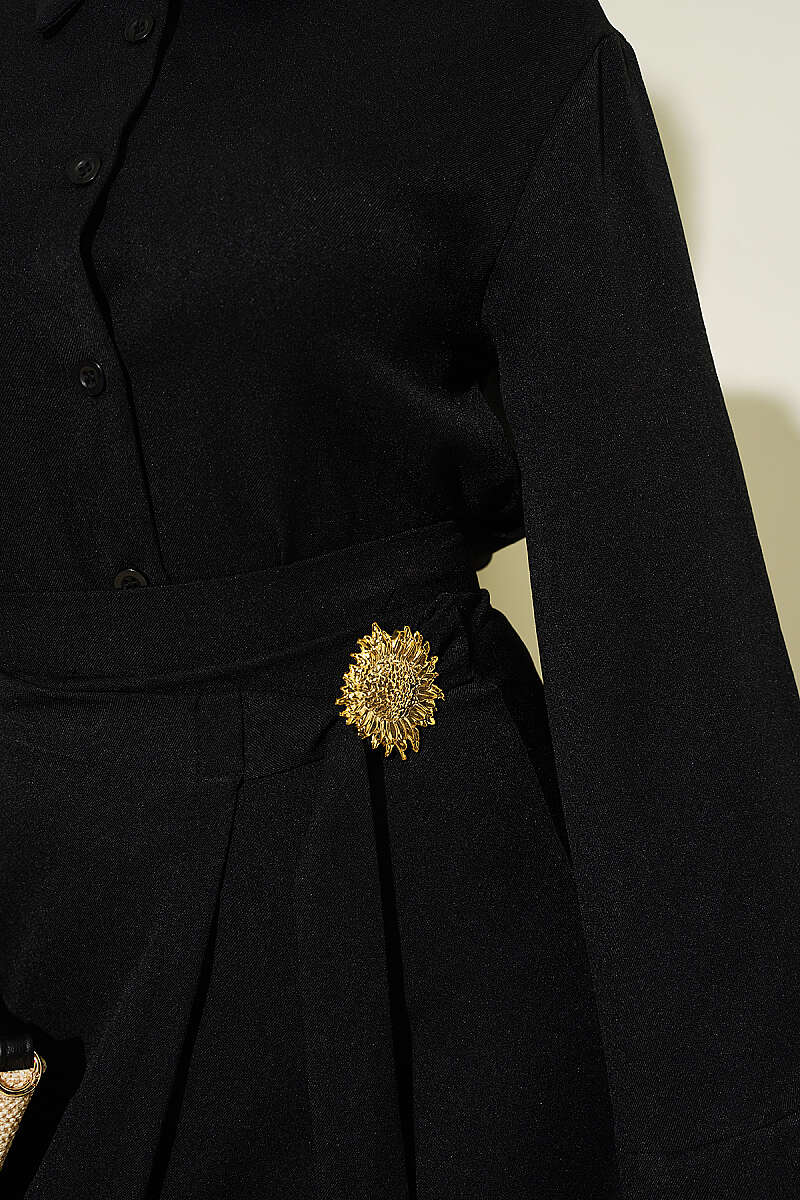 Skirt Set with Gold Flower Accessory - Black