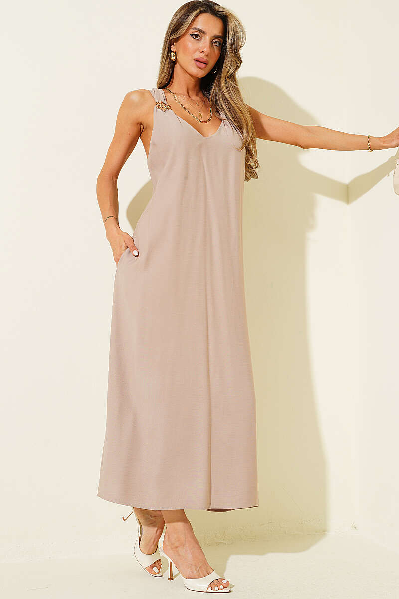 V-Neck Dress with Gold Flower Accessory - Beige