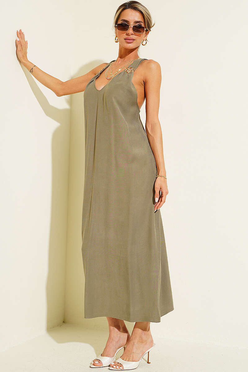 V-Neck Dress with Gold Flower Accessory - Khaki