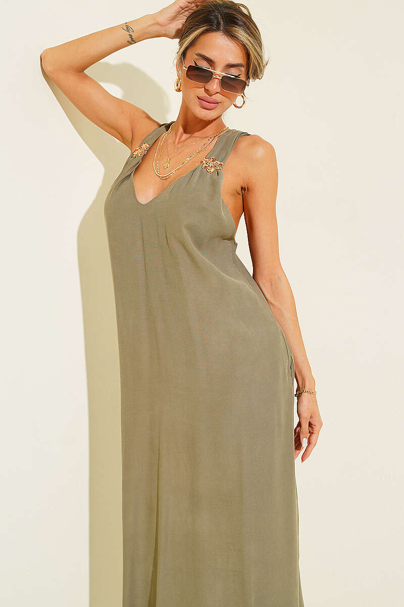 V-Neck Dress with Gold Flower Accessory - Khaki