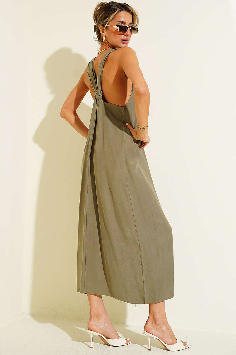 V-Neck Dress with Gold Flower Accessory - Khaki