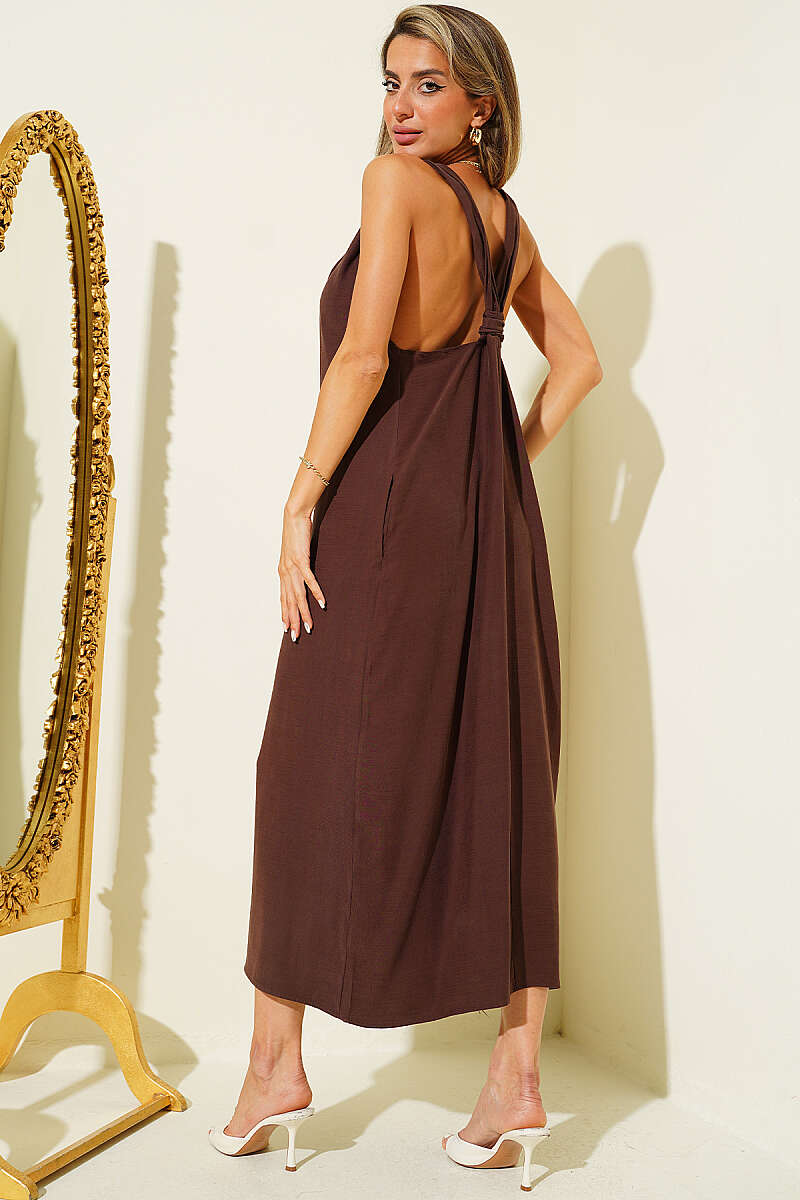 V-Neck Dress with Gold Flower Accessory - Brown