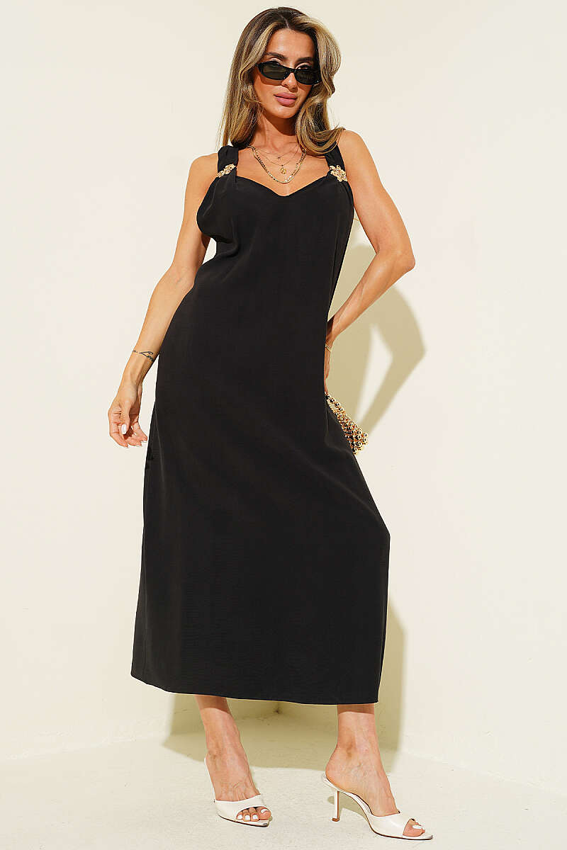 V-Neck Dress with Gold Flower Accessory - Black