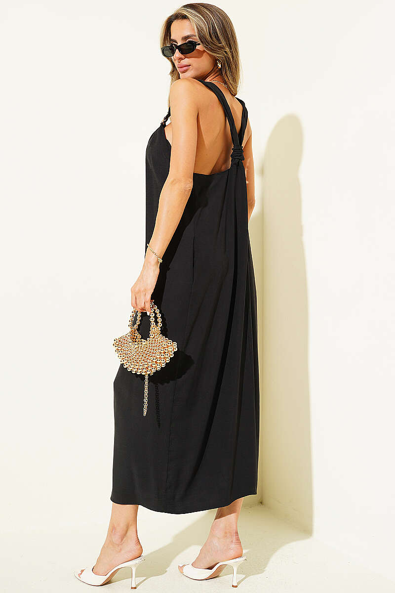 V-Neck Dress with Gold Flower Accessory - Black