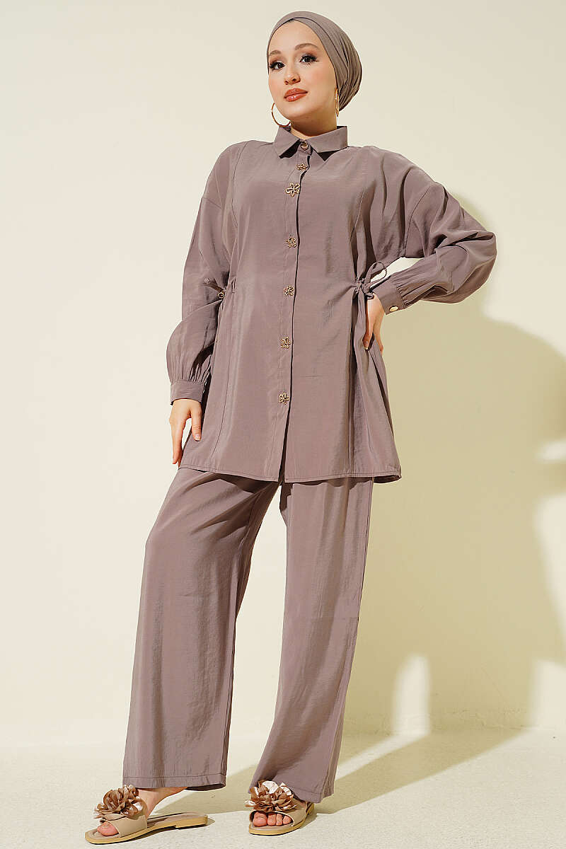Two-Piece Set with Gold Flower Buttons and Side Drawstrings - Mink