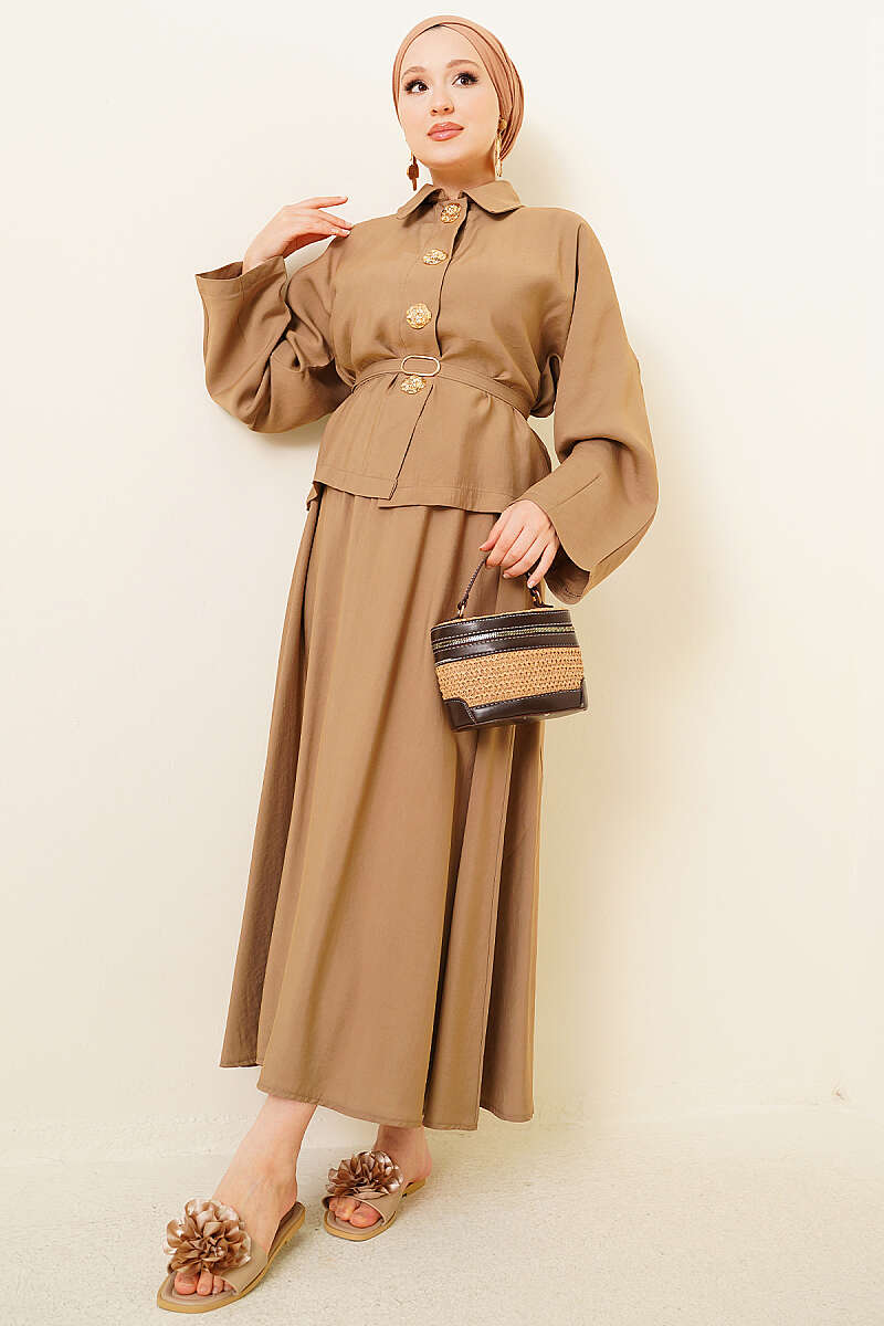 Two-Piece Skirt Set with Gold Snap Buttons - Camel