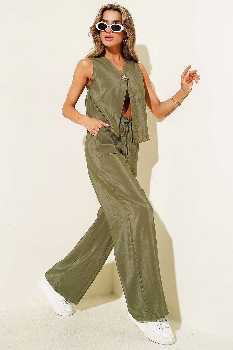 Sleeveless Two-Piece Set with Gold Detail - Almond Green