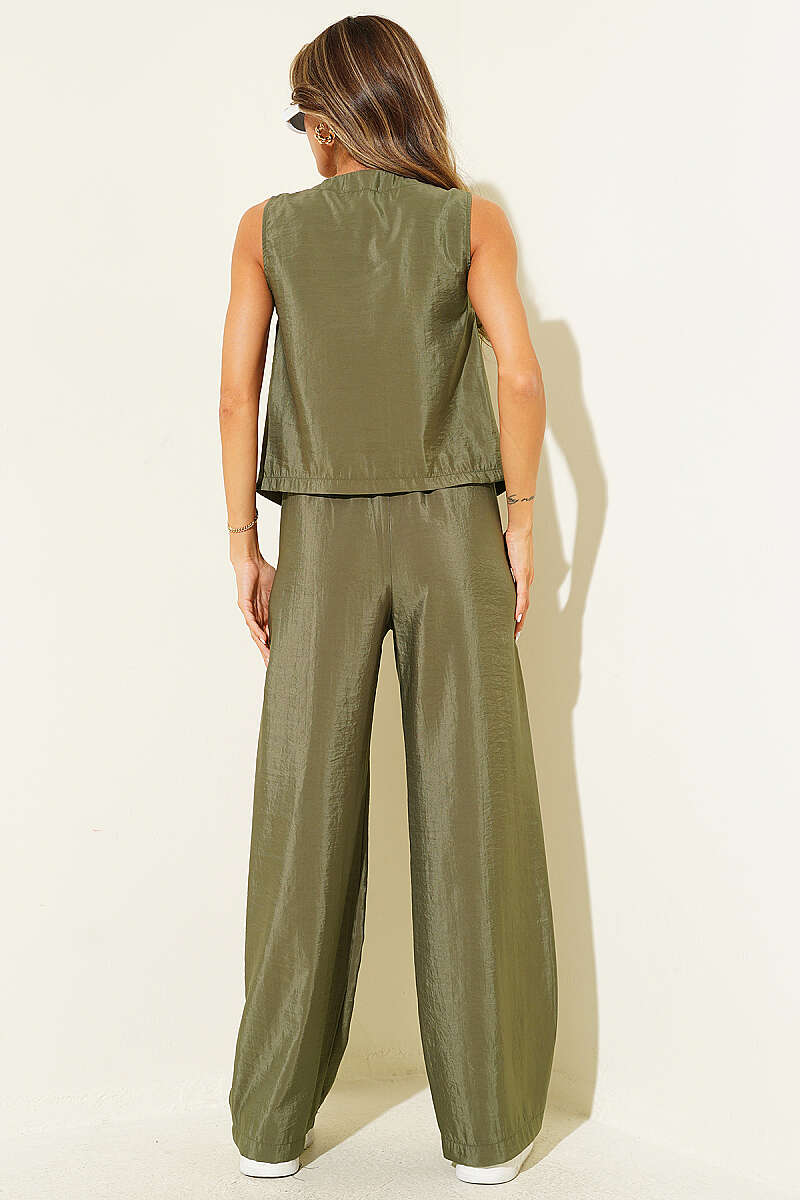Sleeveless Two-Piece Set with Gold Detail - Almond Green