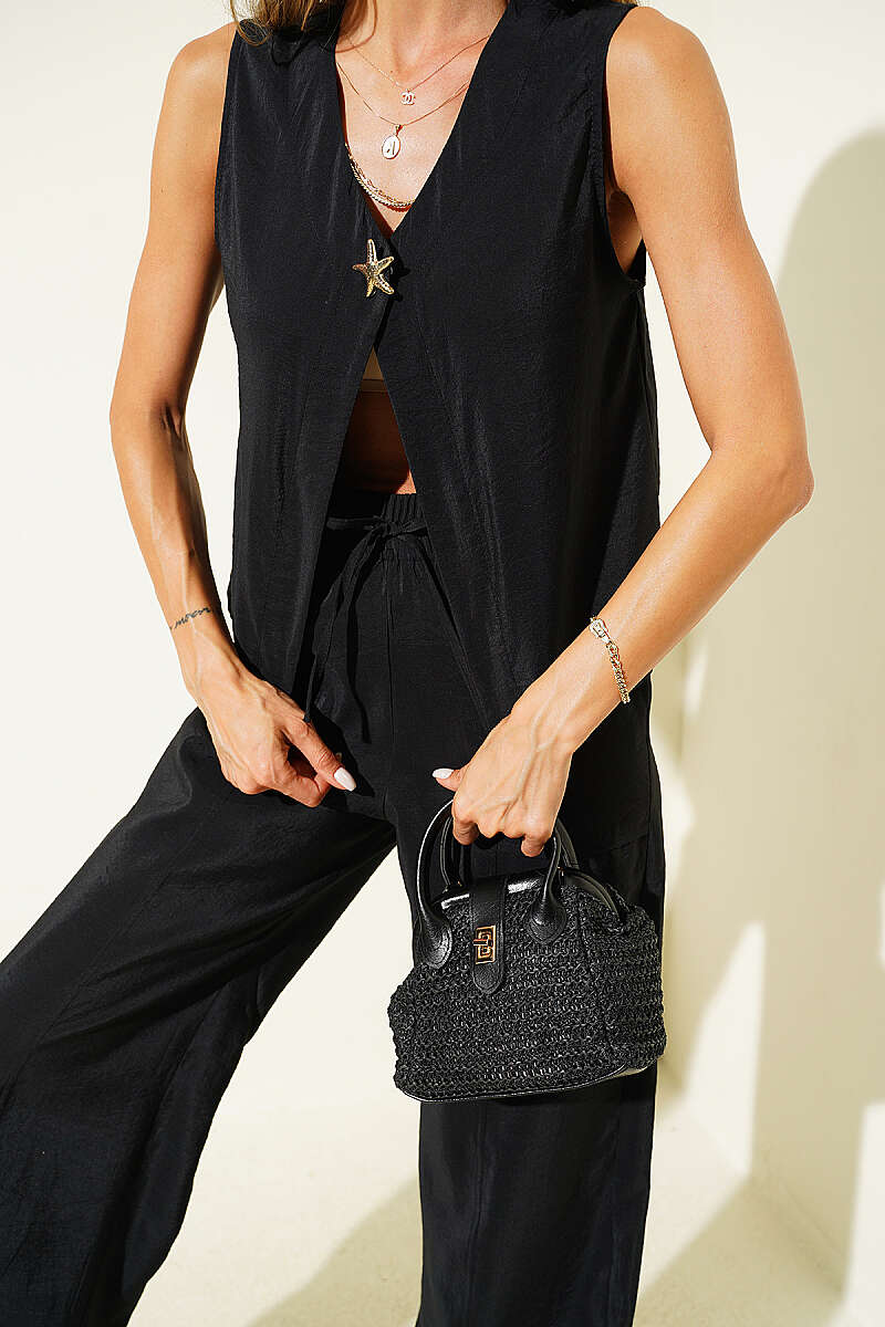 Sleeveless Two-Piece Set with Gold Detail - Black