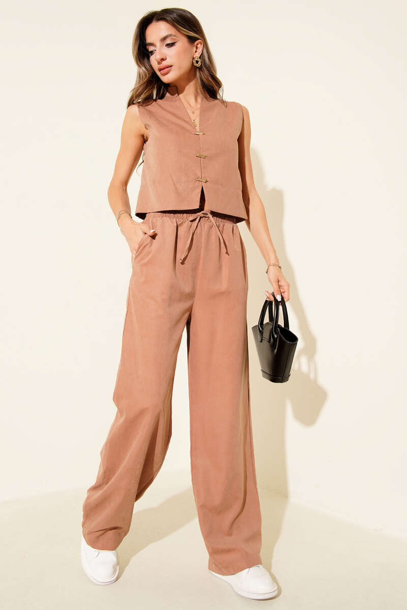 Suede Vest Two-Piece Set with Gold Detail - Latte