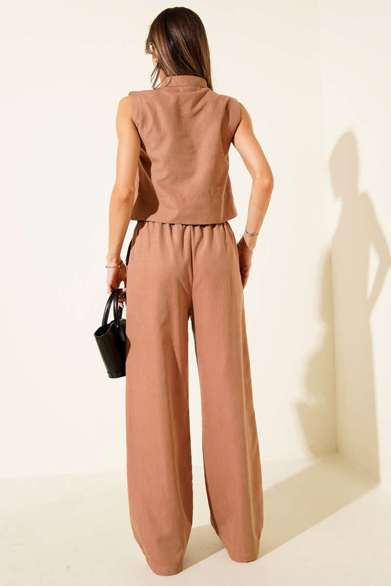 Suede Vest Two-Piece Set with Gold Detail - Latte