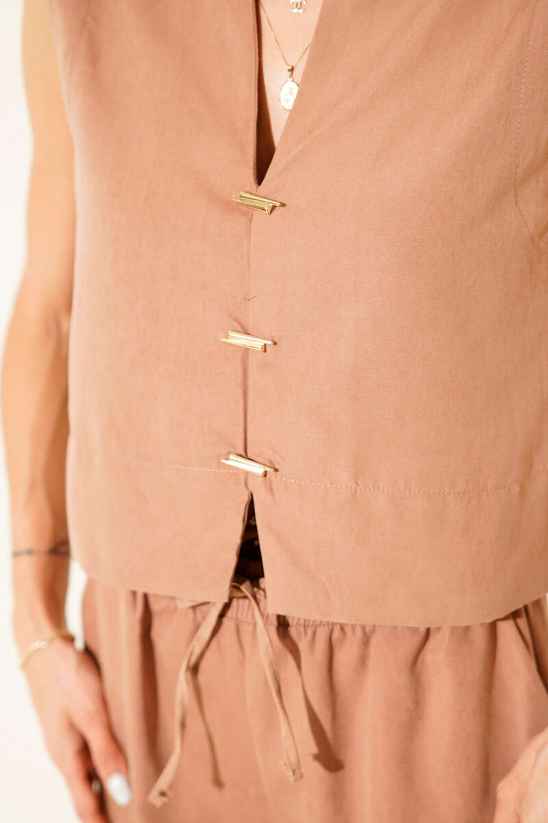 Suede Vest Two-Piece Set with Gold Detail - Latte