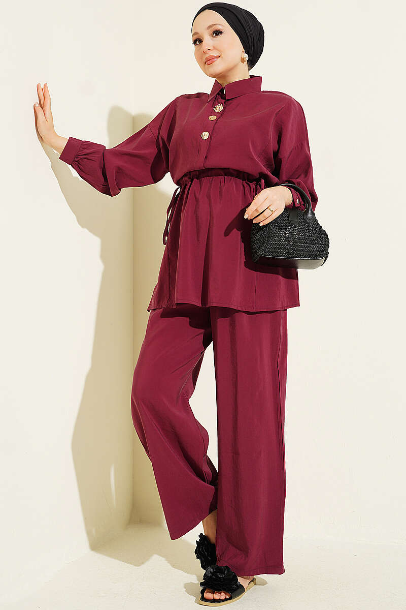 Two-Piece Set with Gold Buttons and Drawstring Waist - Burgundy