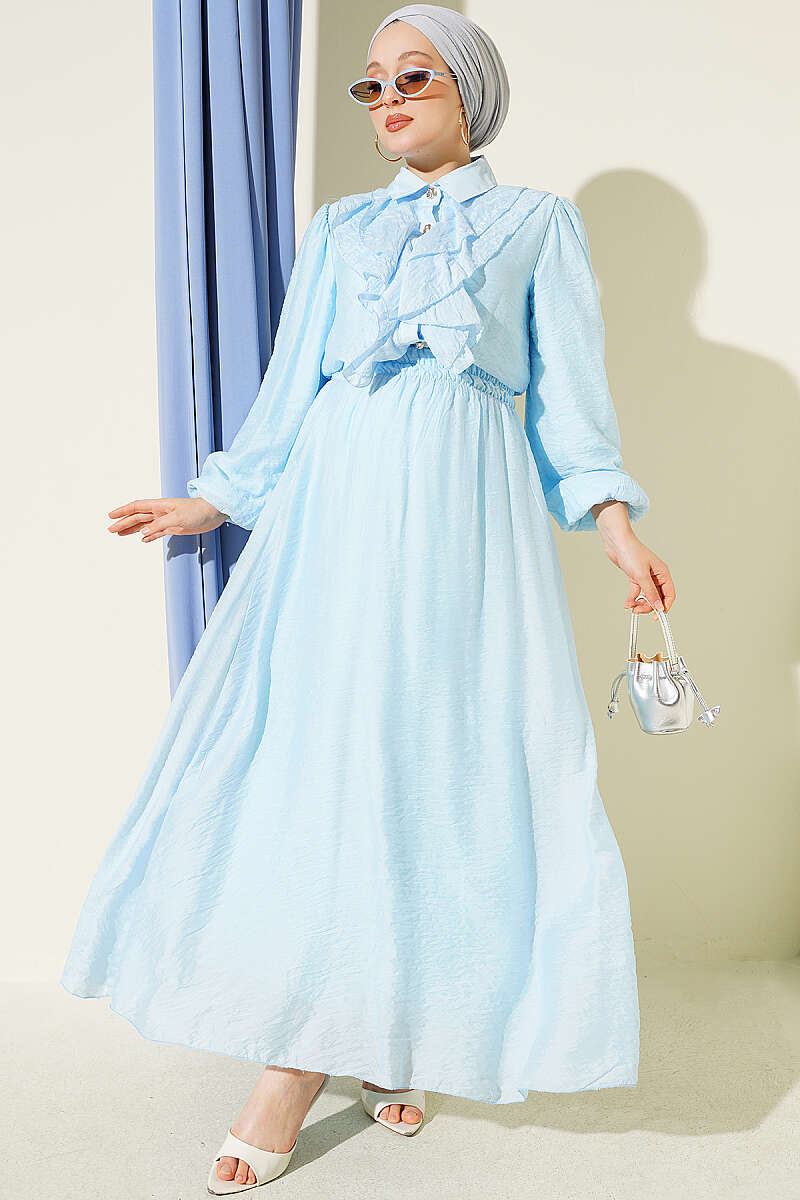 Ruffled Skirt Set with Gold Button Detail - Light Blue