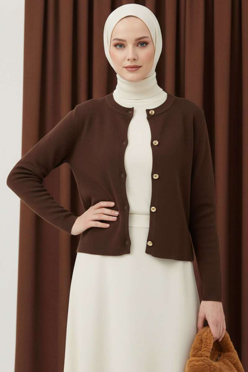 Short Knit Cardigan with Gold Buttons - Brown