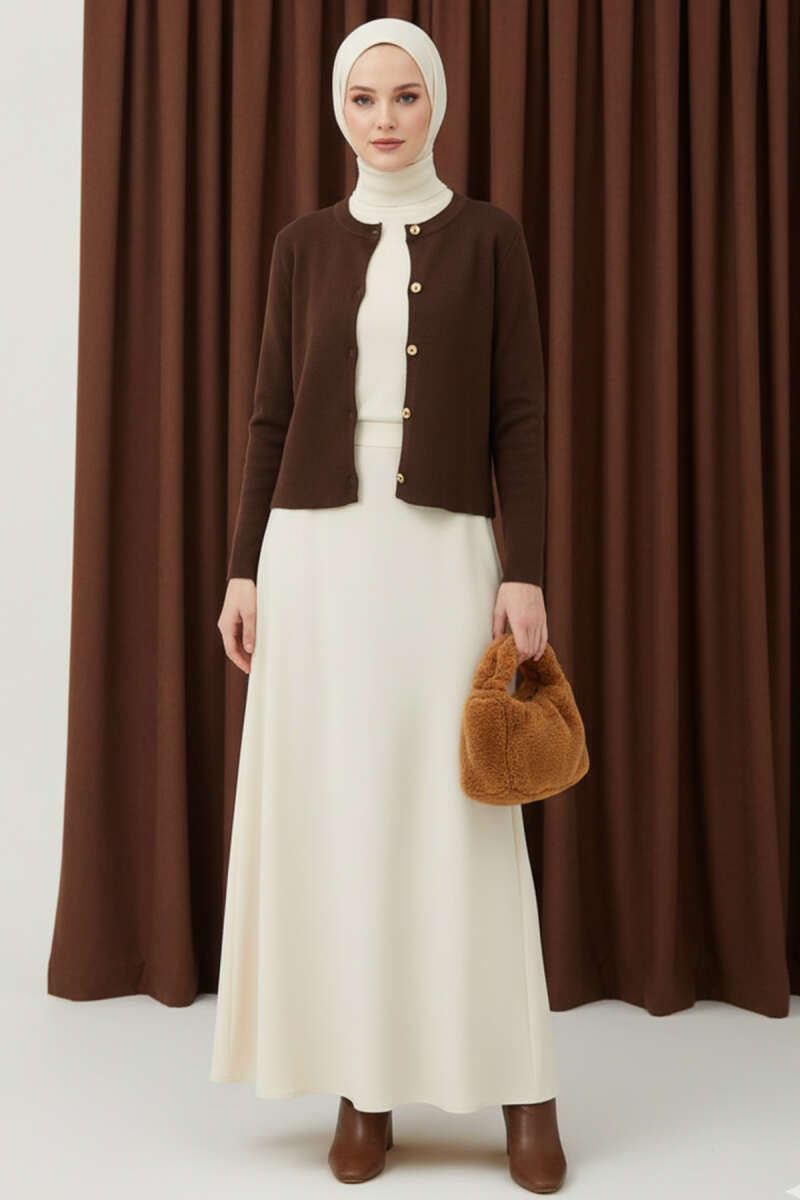 Short Knit Cardigan with Gold Buttons - Brown