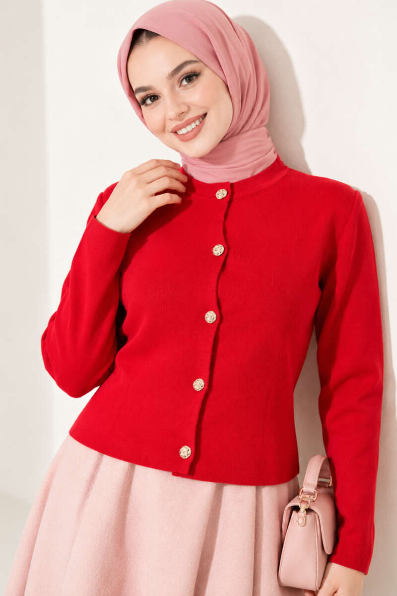 Short Knit Cardigan with Gold Buttons - Red