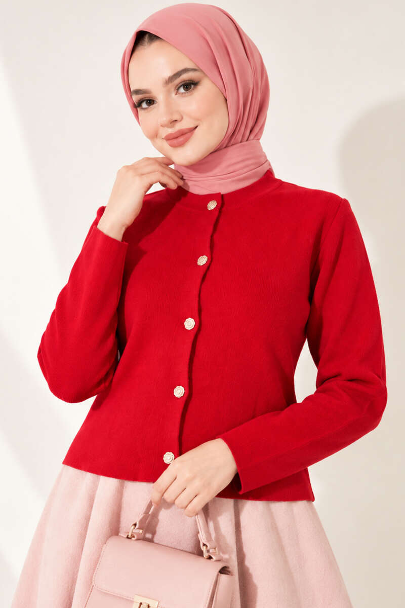 Short Knit Cardigan with Gold Buttons - Red
