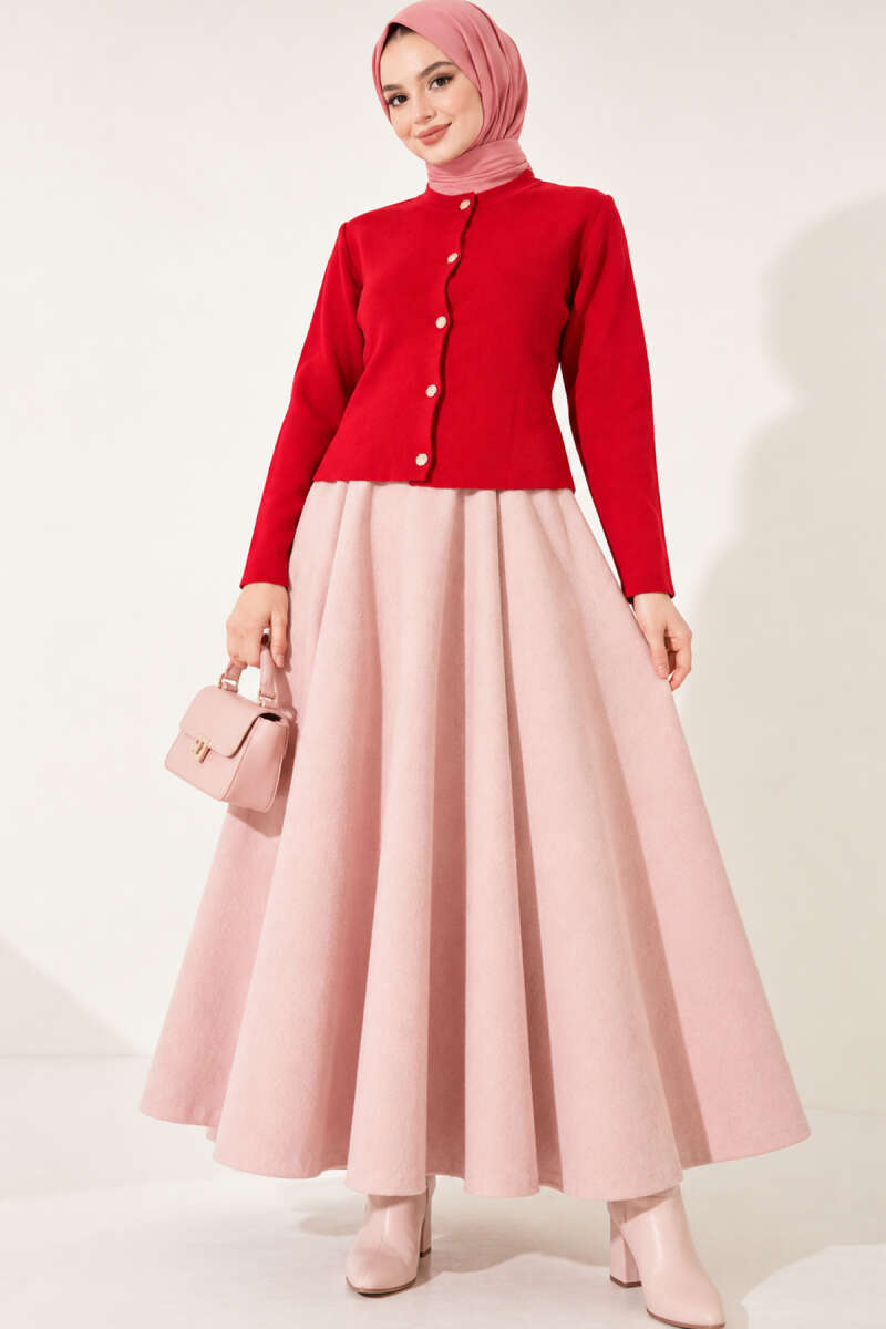 Short Knit Cardigan with Gold Buttons - Red