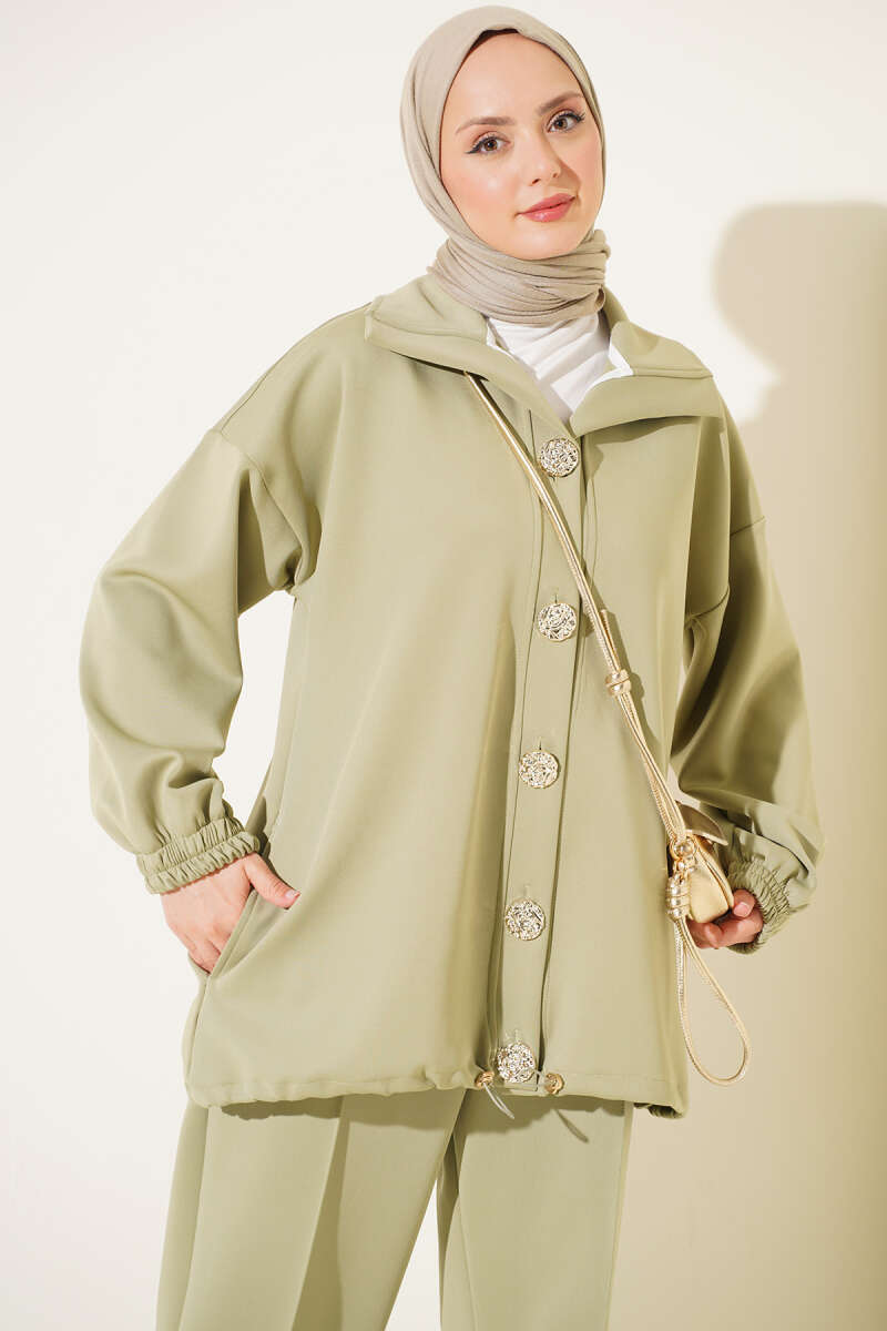 Gold-Button Set with Elastic Cuffs - Almond Green