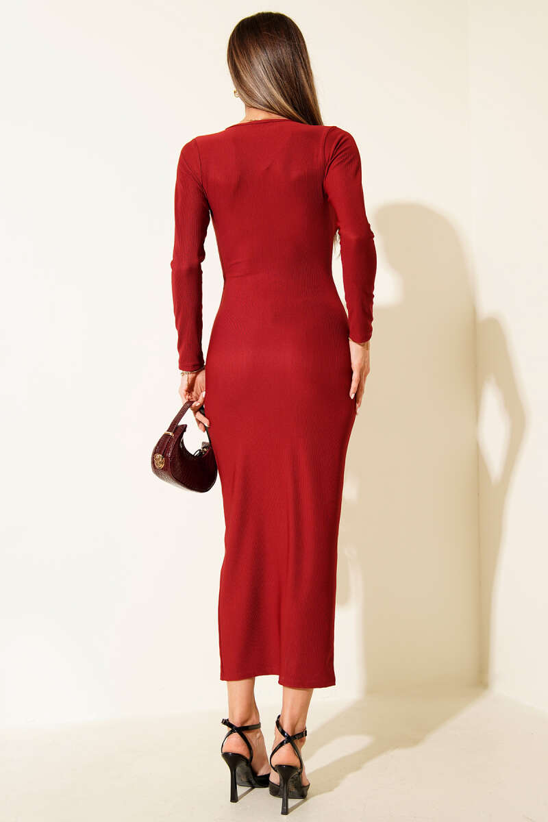 Pleated Dress with Gold Button Detail - Burgundy