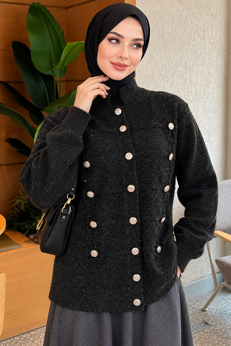 Knit Cardigan with Gold Button Detail - Charcoal