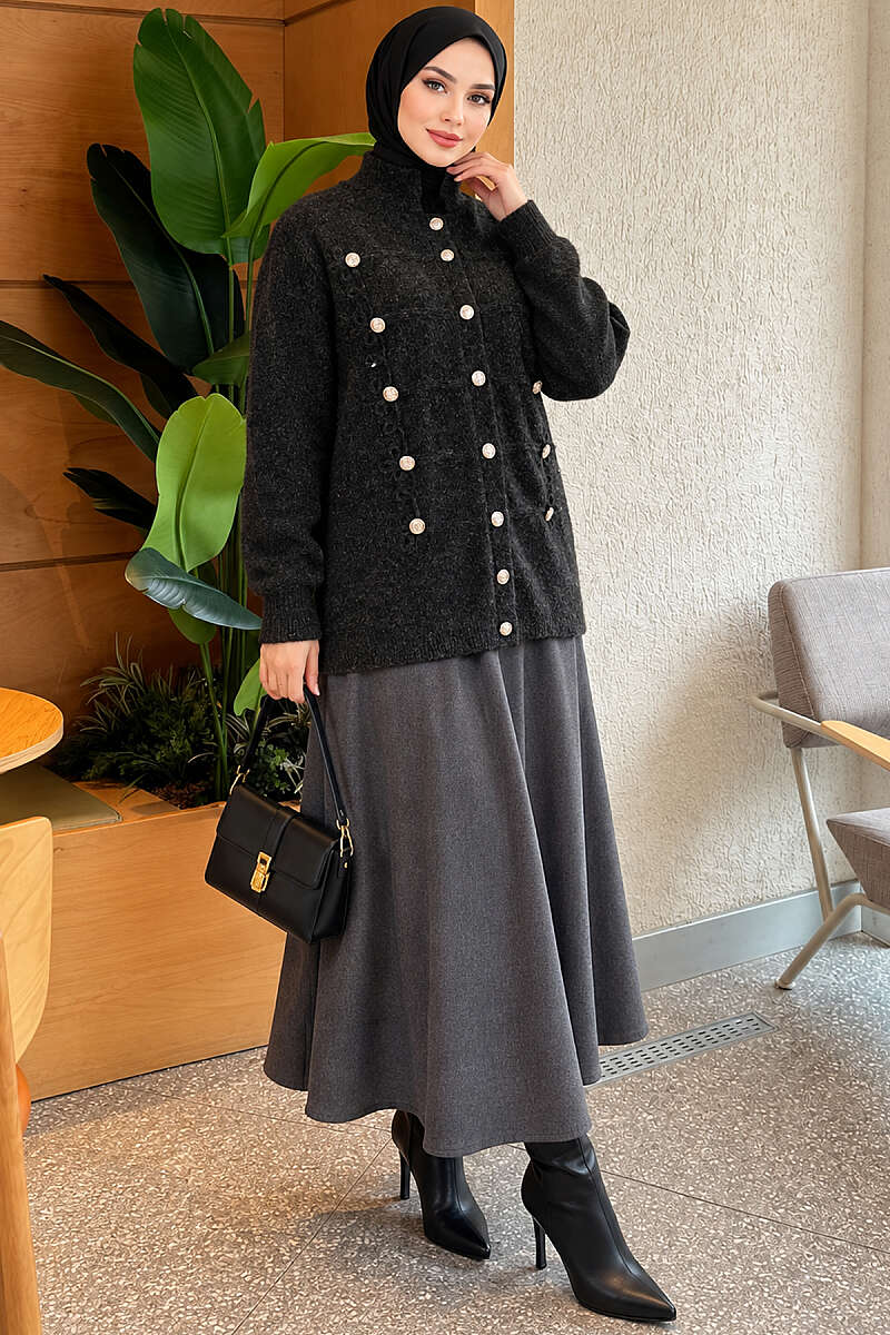 Knit Cardigan with Gold Button Detail - Charcoal