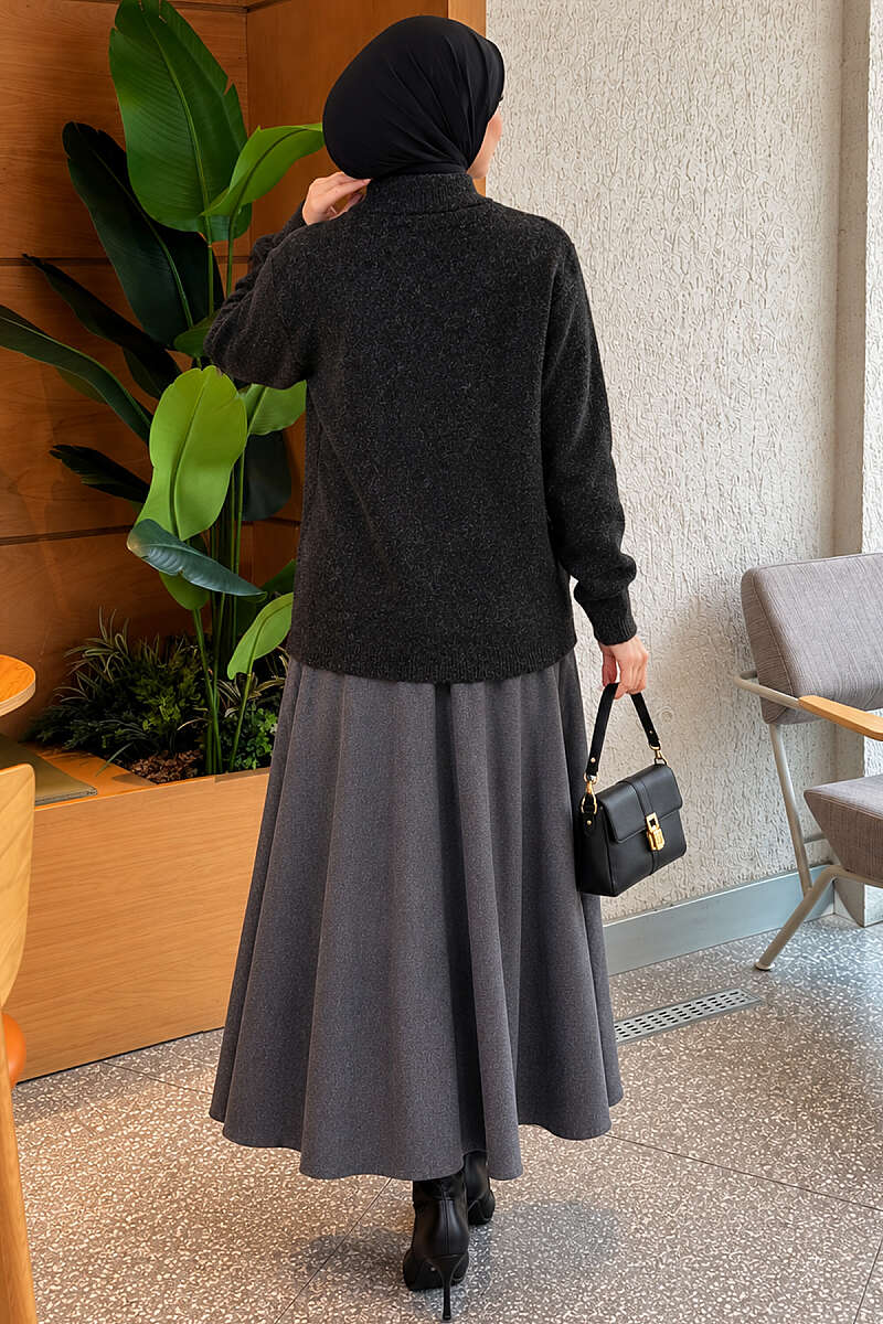 Knit Cardigan with Gold Button Detail - Charcoal