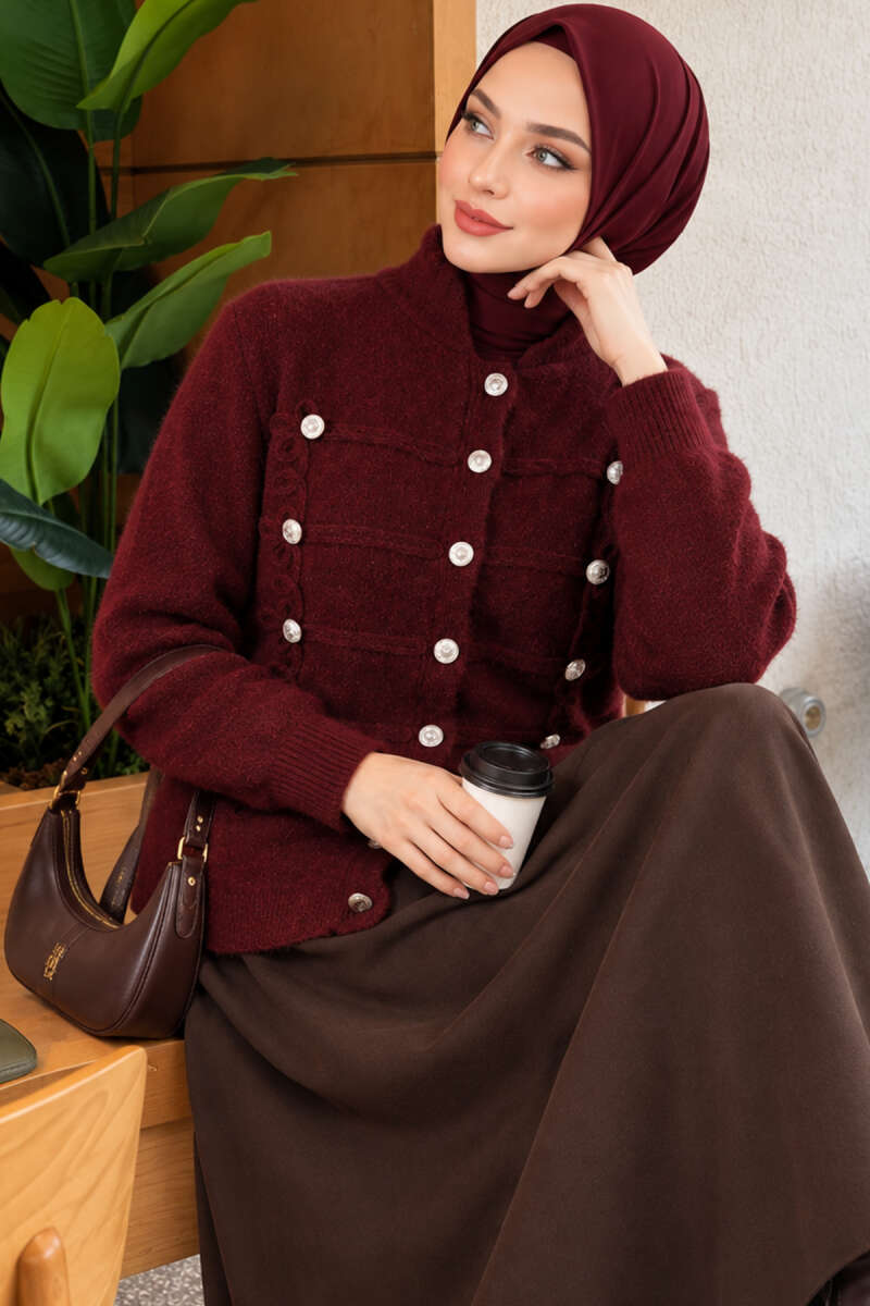 Knit Cardigan with Gold Button Detail - Burgundy