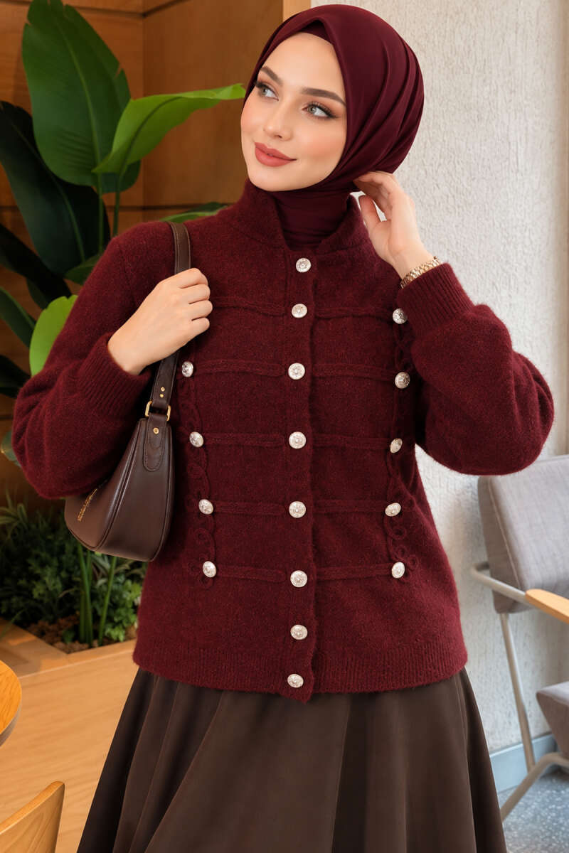 Knit Cardigan with Gold Button Detail - Burgundy