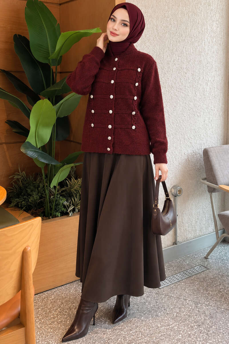 Knit Cardigan with Gold Button Detail - Burgundy