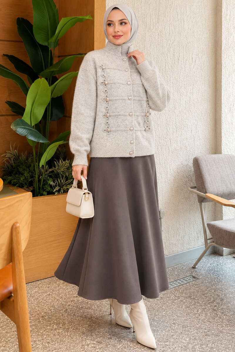 Knit Cardigan with Gold Button Detail - Grey