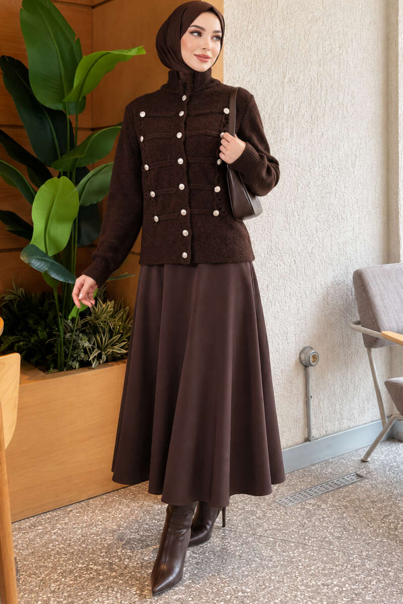 Knit Cardigan with Gold Button Detail - Brown