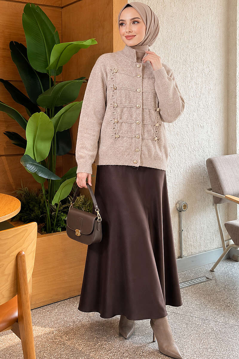 Knit Cardigan with Gold Button Detail - Stone