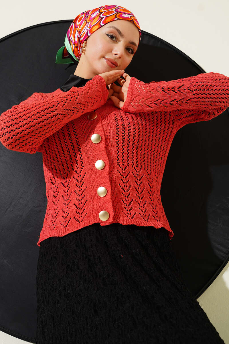 Short Pointelle Knit Cardigan with Gold Buttons - Coral