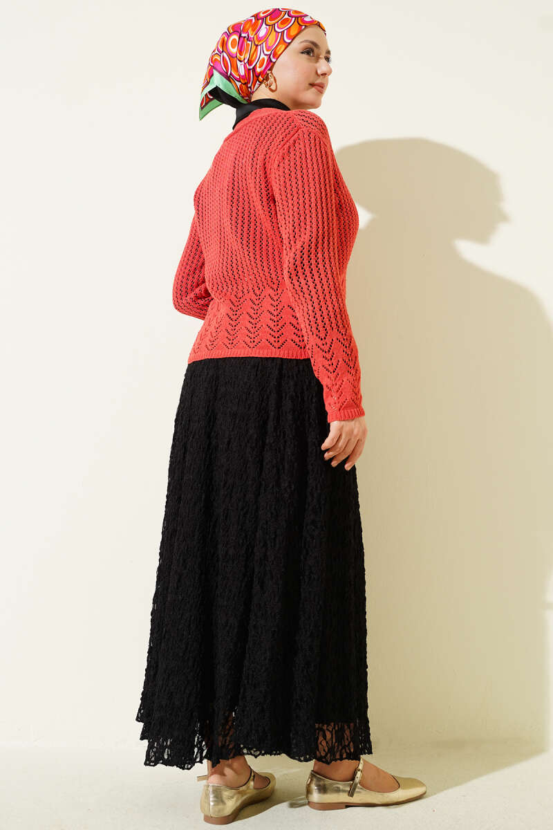 Short Pointelle Knit Cardigan with Gold Buttons - Coral