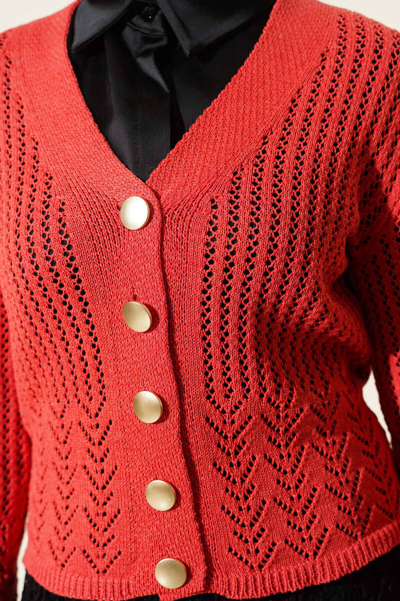 Short Pointelle Knit Cardigan with Gold Buttons - Coral