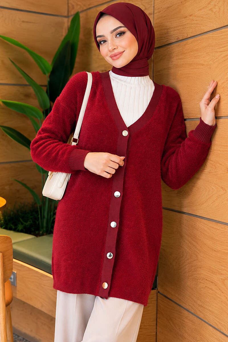 Angora Cardigan with Gold Buttons - Burgundy