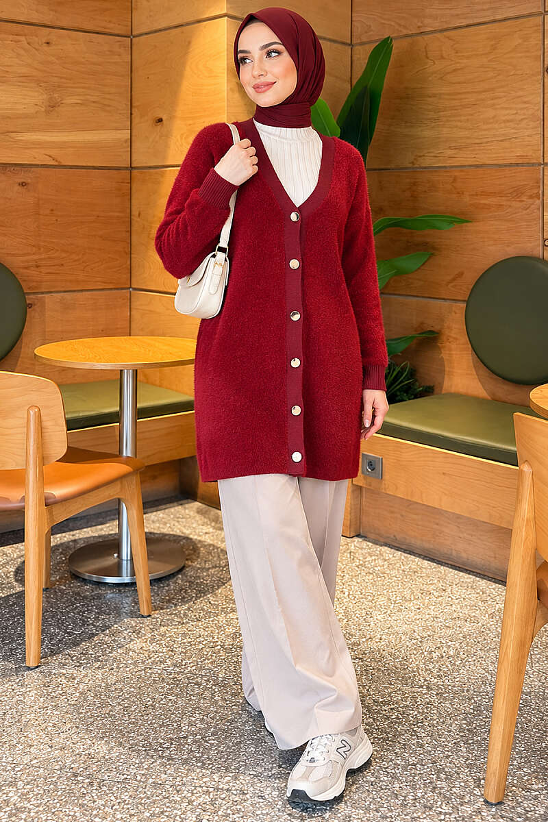 Angora Cardigan with Gold Buttons - Burgundy