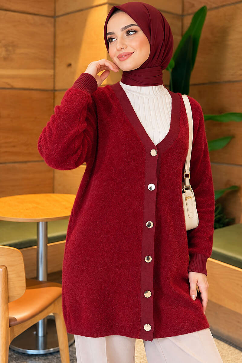 Angora Cardigan with Gold Buttons - Burgundy