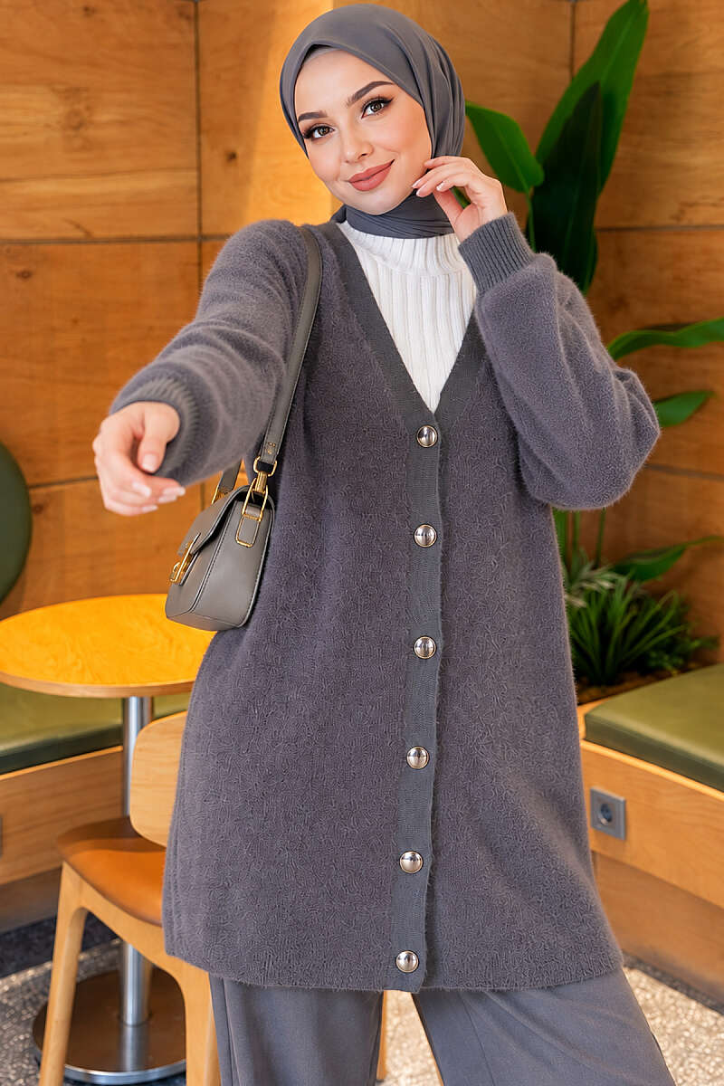 Angora Cardigan with Gold Buttons - Smoke Grey