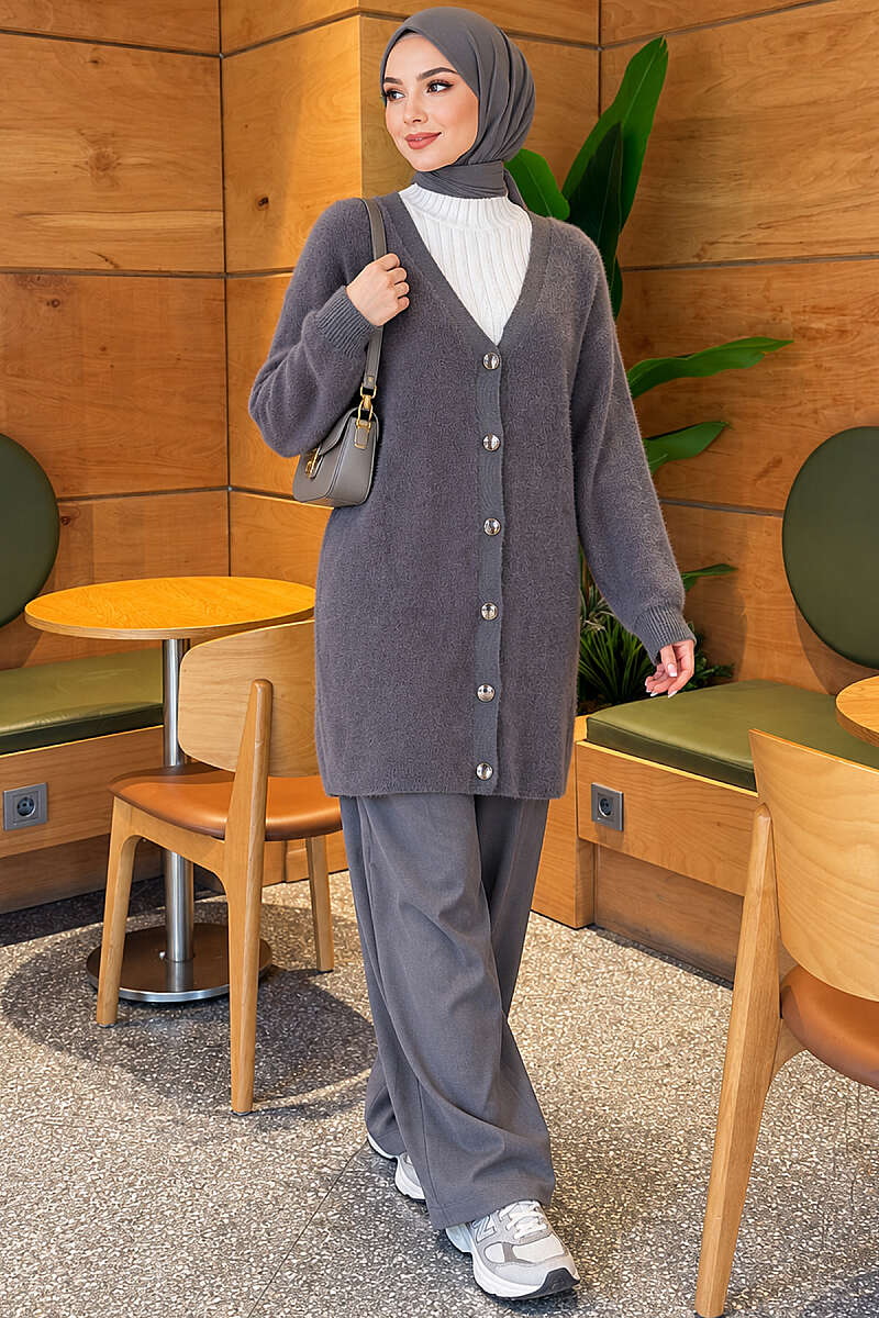Angora Cardigan with Gold Buttons - Smoke Grey